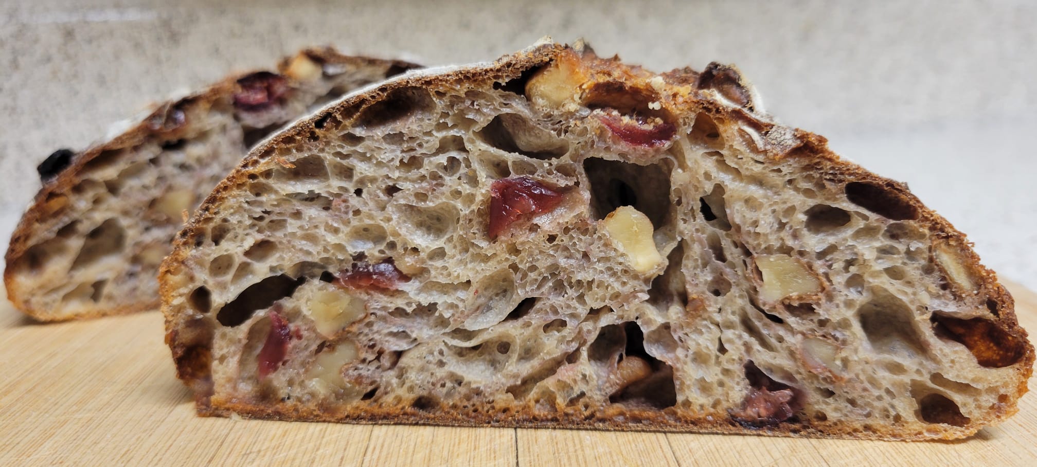 Cranberry and walnut sourdough crumb
