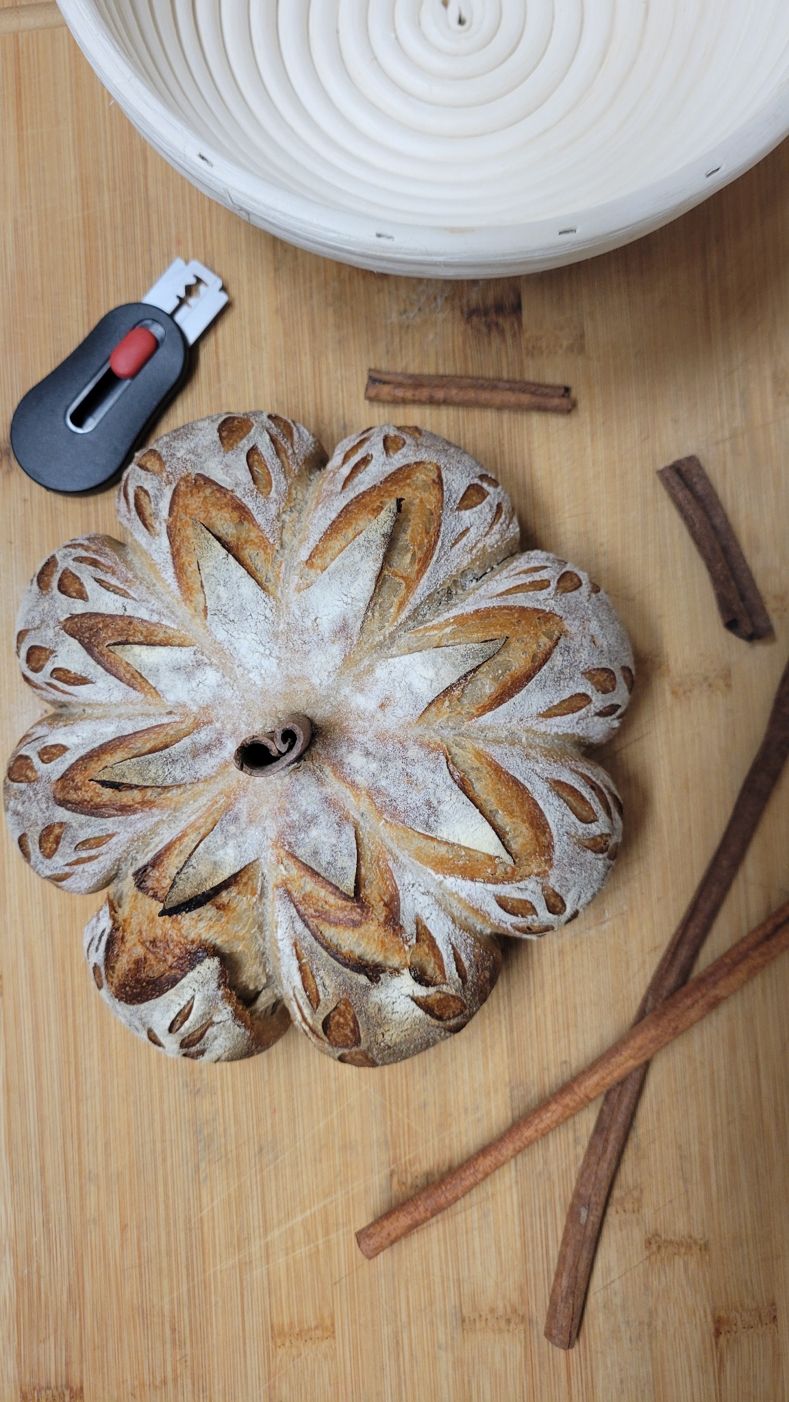 Top view of pumpkin-shaped sourdough bread